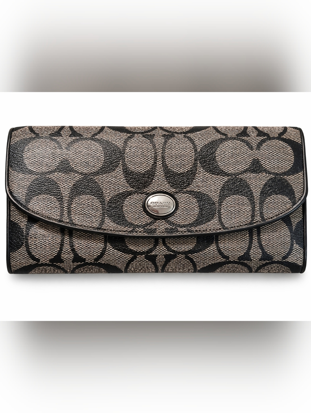 Coach Signature Canvas Long Wallet Black Brown Snap Flap Organizer